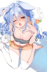 Rule 34 | 1girl, animal ears, barefoot, black tank top, blue hair, blush, braid, breasts, carrot, cleavage, collarbone, cup, disposable cup, dolphin shorts, drink, drinking straw, full body, hair between eyes, highres, hololive, long hair, midriff, navel, one eye closed, open mouth, orange eyes, rabbit ears, short shorts, shorts, shuri (84k), sidelocks, simple background, sitting, small breasts, solo, strap slip, sweat, tank top, thick eyebrows, thighs, twin braids, usada pekora, virtual youtuber, wariza, white background