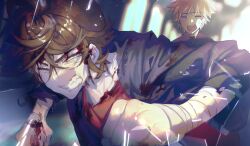Rule 34 | 2boys, atou haruki, bandaged arm, bandages, black jacket, blonde hair, blood, blood on clothes, blood on face, brown hair, chinese commentary, clenched teeth, closed eyes, commentary request, green eyes, hair between eyes, highres, isoi reiji, jacket, male focus, multiple boys, one eye closed, open clothes, open jacket, open mouth, red shirt, sa you jia, saibou shinkyoku, shirt, short hair, sweat, teeth