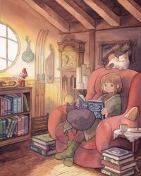 Rule 34 | 1girl, armchair, black cat, black eyes, book, bookshelf, brown hair, calico, candle, cat, chair, clock, cup, desk lamp, grandfather clock, green robe, green socks, heikala, highres, holding, holding book, indoors, lamp, leggings, mug, multiple cats, open book, original, painting (medium), painting (object), pile of books, rafters, reading, red leggings, red sweater, robe, short hair, sitting, skis, socks, solo, sweater, traditional media, watercolor (medium), window, wooden floor