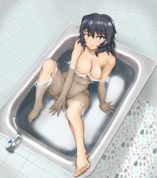 Rule 34 | 1girl, andou (girls und panzer), arm support, bath, bathroom, bathtub, black hair, breasts, brown eyes, covering privates, covering crotch, dark-skinned female, dark skin, e gs310, from above, girls und panzer, highres, looking at viewer, medium breasts, medium hair, messy hair, navel, nude, partially submerged, sitting, solo, water