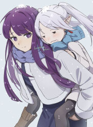 Rule 34 | 2girls, black pantyhose, blue scarf, blunt bangs, boots, brown footwear, carrying, coat, commentary request, dangle earrings, drooling, earrings, elf, fern (sousou no frieren), frieren, grey hair, height difference, jewelry, knee boots, korokoro nekoz, long hair, long sleeves, looking at another, multiple girls, outdoors, pantyhose, parted bangs, piggyback, pointy ears, pout, purple eyes, purple hair, purple scarf, scarf, sidelocks, sleeping, snowing, sousou no frieren, thick eyebrows, twintails, winter clothes, winter coat