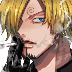 Rule 34 | 1boy, a00xm, black gloves, blonde hair, blue eyes, cigarette, close-up, commentary request, curly eyebrows, facial hair, gloves, goatee, highres, holding, holding cigarette, looking to the side, male focus, mustache stubble, one piece, sanji (one piece), short hair, simple background, smoke, solo, stubble, white background