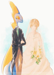 Rule 34 | 1boy, 1girl, arm grab, bare shoulders, black gloves, black jacket, blue background, blue skin, bouquet, braid, breasts, bride, brown hair, brown pants, closed mouth, clothed pokemon, collarbone, collared shirt, colored skin, creatures (company), crown braid, dress, earrings, elbow gloves, eye contact, flower, formal, game freak, gen 8 pokemon, gloves, gradient background, green eyes, green neckwear, half-closed eyes, happy, holding, holding bouquet, inteleon, interspecies, iogi (iogi k), jacket, jewelry, jpeg artifacts, lizard tail, long sleeves, looking at another, md5 mismatch, medium breasts, necklace, necktie, nintendo, original, pants, pokemon, pokemon (creature), pokephilia, reptile boy, resolution mismatch, shiny clothes, shirt, short hair, sidelocks, simple background, smile, source larger, standing, strapless, strapless dress, suit, tail, tiara, veil, wedding, wedding dress, white dress, white flower, white gloves, white shirt, yellow eyes