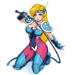 Rule 34 | 1girl, armor, blonde hair, blue eyes, boots, breastplate, breasts, chameleon june, elbow gloves, female focus, fingerless gloves, full body, gauntlets, gloves, high heels, highres, kneeling, large breasts, long hair, looking back, open mouth, original, pauldrons, saint seiya, shoulder armor, shoulder pads, simple background, solo, spandex, spikes, thigh boots, thighhighs, tiara, uchiu kazuma, weapon, whip