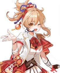 Rule 34 | 1girl, alternate costume, bandaged arm, bandages, blonde hair, bow, bowtie, dasha, dress, gem, genshin impact, hair ornament, hand up, hand wraps, idol clothes, looking at viewer, medium hair, multicolored clothes, one eye closed, open clothes, ponytail, red bow, red bowtie, red gemstone, short sleeves, simple background, unfinished, upper body, vision (genshin impact), white background, yellow eyes, yoimiya (genshin impact)