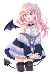 Rule 34 | 1girl, :d, bare shoulders, black jacket, black thighhighs, blue bow, blue eyes, blush, bow, center frills, character request, chobi (penguin paradise), commentary request, copyright request, cropped legs, demon girl, demon tail, demon wings, frilled skirt, frills, hair between eyes, highres, interlocked fingers, jacket, long hair, long sleeves, looking at viewer, off shoulder, one side up, open clothes, open jacket, open mouth, own hands together, pink hair, puffy long sleeves, puffy sleeves, purple wings, shirt, simple background, single wing, skirt, sleeves past wrists, smile, solo, tail, thighhighs, virtual youtuber, white background, white shirt, wings