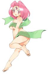 Rule 34 | 1girl, barefoot, breasts, feet, full body, highres, large breasts, magical drop, naked ribbon, open mouth, oyatsu (mk2), pink eyes, pink hair, ribbon, simple background, smile, soles, solo, third eye, underboob, white background, world (magical drop)