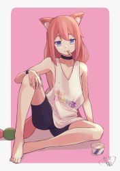 Rule 34 | 1girl, absurdres, animal ear fluff, animal ears, barefoot, bike shorts, black choker, cat ears, choker, closed mouth, commentary request, covered erect nipples, food, hair bobbles, hair ornament, hakase (kamakura0117), hand on own knee, highres, hinata channel, ice cream, leaning to the side, legs, long hair, looking at viewer, mouth hold, nekomiya hinata, outside border, pink background, purple eyes, red hair, signature, simple background, sitting, sleeveless, solo, spread legs, utensil in mouth, very long hair, virtual youtuber