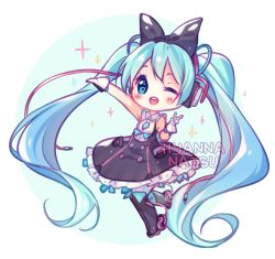 Rule 34 | 1girl, ;d, arm up, artist name, black bow, black dress, black footwear, black skirt, blue eyes, blue hair, blush stickers, boots, bow, chibi, dress, full body, gloves, hair bow, hatsune miku, headphones, high-waist skirt, hyanna-natsu, knee boots, leg up, long hair, looking at viewer, magical mirai (vocaloid), magical mirai miku, magical mirai miku (2016), one eye closed, open mouth, round teeth, shirt, skirt, sleeveless, sleeveless shirt, smile, solo, sparkle, standing, standing on one leg, tareme, teeth, transparent background, twintails, two-tone background, v, very long hair, vocaloid, white gloves, white shirt