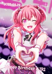 1girl aoinu_prsk bow character_name dated fang happy_birthday heart heart_hands highres long_hair looking_at_viewer momoi_airi one_eye_closed open_mouth pink_eyes pink_hair project_sekai smile solo two_side_up