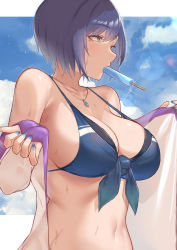 Rule 34 | 1girl, absurdres, bare arms, bare shoulders, bikini, blue bikini, blue hair, blue nails, blue sky, breasts, cleavage, cloud, day, eyelashes, fingernails, food, from side, front-tie top, halterneck, halterneck, highres, jewelry, large breasts, lens flare, looking away, mole, mole under eye, mouth hold, nail polish, navel, necklace, nijisanji, popsicle, shizuka rin, short hair, sky, skysign ft, solo, stomach, sweat, swimsuit, upper body, virtual youtuber, wet, yellow eyes