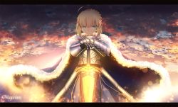 Rule 34 | 1girl, ahoge, armor, armored dress, artist name, artoria pendragon (fate), avalon (fate/stay night), blonde hair, blue eyes, braid, cape, cloud, excalibur (fate/stay night), fate/stay night, fate (series), fur trim, gauntlets, lens flare, letterboxed, looking at viewer, magicians (zhkahogigzkh), planted, saber (fate), sheath, sheathed, sky, solo, sword, weapon