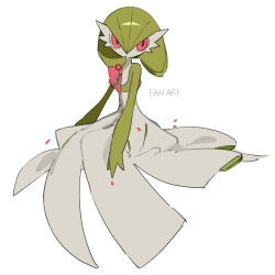Rule 34 | 1girl, apios, bob cut, colored skin, creatures (company), english text, female focus, flat chest, flower, full body, game freak, gardevoir, gen 3 pokemon, green hair, green skin, hair between eyes, looking to the side, multicolored skin, nintendo, no mouth, petals, pokemon, pokemon (creature), red eyes, red flower, short hair, simple background, sitting, solo, two-tone skin, white background, white skin