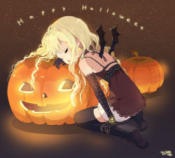 Rule 34 | 1girl, bad id, black thighhighs, bra strap, brown background, closed eyes, dress, english text, eyelashes, full body, garter straps, glowing, halloween, halter dress, halterneck, happy halloween, head rest, jack-o&#039;-lantern, open mouth, plantar flexion, pointy ears, pumpkin, sitting, sleeping, solo, text focus, thighhighs, tiv, triangle mouth, wings