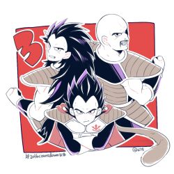 Rule 34 | 3boys, armor, back-to-back, bald, cape, clenched hand, crossed arms, dragon ball, dragon ball z, dragonball z, facial hair, gloves, grin, hashtag, long hair, looking back, male focus, monkey tail, multiple boys, muscular, mustache, nappa, partially colored, raditz, rochiko (bgl6751010), shoulder armor, smile, spiked hair, tail, vegeta, white background