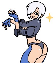 Rule 34 | 1girl, angel (kof), ass, blue eyes, breasts, chaps, cleavage, drawbuster, fingerless gloves, from behind, gloves, hair over one eye, jacket, large breasts, short hair, stretching, the king of fighters, the king of fighters xv, white hair