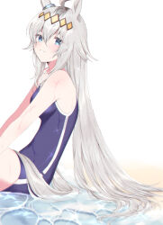 Rule 34 | 1girl, absurdres, ahoge, animal ears, blue eyes, blue one-piece swimsuit, blush, breasts, commentary request, ear ornament, from side, grey hair, grin, hair between eyes, highres, horse ears, horse girl, horse tail, long hair, looking at viewer, medium breasts, multicolored hair, oguri cap (umamusume), one-piece swimsuit, sidelocks, simple background, smile, solo, streaked hair, swimsuit, tail, teeth, tetora (oudonoishiize), tracen swimsuit, umamusume, very long hair, water, wet, white background