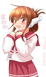 Rule 34 | 1girl, badge, brown eyes, brown hair, commentary request, cosplay, folded ponytail, inazuma (kancolle), kantai collection, long hair, looking at viewer, multi (to heart), multi (to heart) (cosplay), one-hour drawing challenge, pink shirt, pleated skirt, ray.s, red sailor collar, red skirt, robot ears, sailor collar, sailor shirt, shirt, simple background, skirt, solo, to heart, to heart (series), trait connection, white background