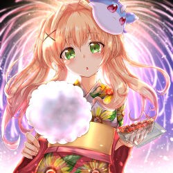 Rule 34 | 1girl, absurdres, backlighting, blonde hair, blush, candy, chestnut mouth, commentary request, cotton candy, eyelashes, eyes visible through hair, fireworks, floating hair, floral print, food, green eyes, hair between eyes, hair intakes, hair ornament, head tilt, highres, holding, holding candy, holding food, inari (summer pockets), incoming food, japanese clothes, kimono, long hair, long sleeves, looking at viewer, mask, mask on head, night, open mouth, outdoors, red kimono, sash, shinonome mozuku, solo, straight-on, summer pockets, sunflower print, takoyaki, tsumugi wenders, twintails, wide sleeves, x hair ornament, yellow sash, yukata