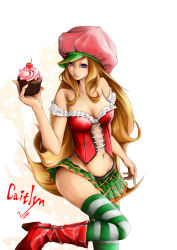 Rule 34 | 1girl, alternate costume, alternate hair color, anan, blonde hair, boots, breasts, caitlyn (league of legends), character name, cherry, corset, cupcake, food, frills, fruit, groin, hat, heart, league of legends, long hair, navel, purple eyes, signature, skirt, smile, solo, thighhighs, very long hair