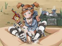 Rule 34 | 1girl, bandaid, blush, borderlands (series), borderlands 2, brown hair, feet, footjob, gaige, goggles, green eyes, mechanical arms, pantyhose, penis, phb, shoes, short twintails, single mechanical arm, smell, smile, smirk, socks, striped clothes, striped pantyhose, toes, twintails, uncensored, unworn shoes