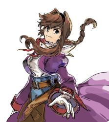 Rule 34 | 1girl, belt, braid, brown hair, closed mouth, coat, dress, gloves, hairband, hanakuso, long hair, looking at viewer, purple dress, ribbon, sidelocks, simple background, smile, solo, virginia maxwell, white background, wild arms, wild arms 3
