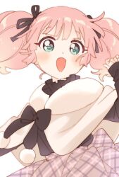 Rule 34 | 1girl, aqua eyes, black bow, black ribbon, black shirt, blush, bow, capelet, dot nose, frilled shirt, frills, fur capelet, fur trim, hair ornament, hair ribbon, hand up, happy, highres, long sleeves, looking at viewer, namori, open mouth, pink hair, pink skirt, plaid, plaid skirt, pom pom (clothes), ribbon, shirt, shirt tucked in, simple background, skirt, sleeves past wrists, smile, solo, twintails, upper body, white background, white capelet, yoshikawa chinatsu, yuru yuri
