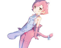 Rule 34 | 1girl, animal ears, apron, blue apron, blush, bow, bowtie, breasts, gloves, kemono friends, looking at viewer, open mouth, panther ears, panther girl, panther tail, panties, pantyhose, peach panther (kemono friends), pink gloves, pink hair, pink neckwear, pink pantyhose, red panties, ribbon, short hair, small breasts, standing, sugara naka, tail, tail ornament, tail ribbon, underwear, white background, yellow eyes