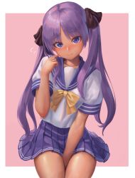 Rule 34 | 1girl, absurdres, between legs, black ribbon, blue sailor collar, blush, border, bow, closed mouth, dark-skinned female, dark skin, finger to cheek, flying sweatdrops, hair ribbon, hand between legs, highres, hiiragi kagami, long hair, looking at viewer, lucky star, miniskirt, outside border, parted bangs, pink background, pleated skirt, purple eyes, purple hair, purple skirt, ranma (kamenrideroz), ribbon, ryouou school uniform, sailor collar, school uniform, serafuku, shirt, short sleeves, simple background, skirt, smile, solo, thighs, twintails, very long hair, white border, white shirt, yellow bow, yellow neckwear