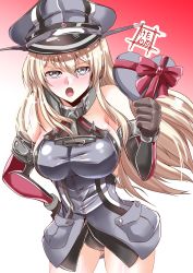 Rule 34 | 1girl, absurdres, anchor, armor, artist logo, bismarck (kancolle), black panties, blonde hair, blue eyes, breastplate, breasts, brown gloves, commentary request, cowboy shot, detached sleeves, gift, gloves, gradient background, grey hat, hand on own hip, hat, heart, highres, kantai collection, kentan (kingtaiki), large breasts, looking at viewer, military, military hat, military uniform, one-hour drawing challenge, open mouth, panties, peaked cap, red background, solo, standing, thighhighs, underwear, uniform, white background