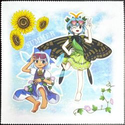 Rule 34 | 2girls, absurdres, antennae, aqua hair, barefoot, blue bow, blue dress, blue eyes, blue hair, blush stickers, bow, butterfly wings, cirno, collared shirt, detached wings, dress, eternity larva, eyewear on head, fairy, flower, green dress, hair between eyes, hair bow, heart, heart-shaped eyewear, highres, ice, ice wings, insect wings, leaf, leaf on head, morning glory, multicolored clothes, multicolored dress, multiple girls, one eye closed, open mouth, orange eyes, parody, photo (medium), puffy short sleeves, puffy sleeves, purple flower, rue 0908, shirt, short hair, short sleeves, smile, style parody, sunflower, sunglasses, touhou, v, white shirt, wings, yellow flower, zun (style)