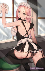 Rule 34 | 1girl, artist name, ass, back, bare arms, bare shoulders, black footwear, black skirt, black thighhighs, breasts, cameltoe, commentary, detached collar, elf, english commentary, female focus, forehead, frilled skirt, frills, garter straps, green eyes, grin, hair behind ear, high heels, highres, indoors, large breasts, long hair, long pointy ears, looking at viewer, lost ark, maid, maid headdress, microskirt, on one knee, pink hair, pointy ears, rikume, see-through, see-through panties, shadow, sideboob, skirt, smile, solo, standing, standing on one leg, stool, thick thighs, thighhighs, thighs, v-shaped eyebrows, window