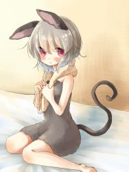 Rule 34 | 1girl, :t, animal ears, blush, female focus, highres, mouse ears, mouse tail, naked towel, nazrin, nude, pout, red eyes, short hair, silver hair, simple background, sitting, solo, tail, touhou, towel, towel around neck, wariza, wet, wet hair, yuya (night lily)