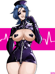 Rule 34 | 1girl, absurdres, alecto 0, belt, belt buckle, black gloves, blue hair, breasts, breasts out, buckle, cardiogram, cowboy shot, elbow gloves, evil smile, eyepatch, gloves, heart, heart pasties, heartbeat, highres, large breasts, latex, latex gloves, lips, pasties, pink background, red eyes, reverse outfit, scar, scar on face, scar on mouth, scarf, scarf over mouth, skullgirls, smile, valentine (skullgirls), white background, zipper