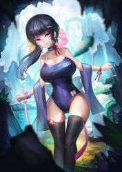 Rule 34 | 1girl, absurdres, alternate breast size, bare shoulders, black hair, black thighhighs, blue one-piece swimsuit, blunt bangs, blurry, blurry foreground, bracelet, breasts, cave, choker, cleavage, clenched hand, closed mouth, commentary, covered navel, earrings, feet out of frame, hair ornament, highres, jewelry, kimetsu no yaiba, large breasts, leaf, one-piece swimsuit, pink eyes, ribbon, sash, school swimsuit, short hair, side ponytail, smile, solo, standing, swimsuit, sword, thigh gap, thighhighs, thighs, tsuyuri kanao, weapon, x hair ornament, ziteng yue