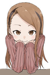 Rule 34 | 1girl, absurdres, blush, brown eyes, brown hair, brown sweater, closed mouth, hairband, head rest, highres, idolmaster, idolmaster (classic), long hair, long sleeves, looking at viewer, minase iori, ribbed sweater, simple background, smile, solo, sweater, upper body, white background, yamamoto souichirou