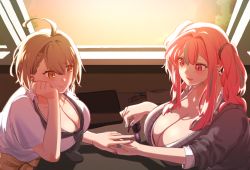 Rule 34 | 2girls, ahoge, applying manicure, azur lane, baltimore (after-school ace) (azur lane), baltimore (azur lane), black necktie, blue nails, braid, breasts, bremerton (azur lane), brown hair, cardigan, cardigan around waist, cleavage, clothes around waist, collared shirt, french braid, grey hair, hand on own cheek, hand on own face, huge breasts, indoors, j ackove r, looking at another, loose necktie, medium hair, multicolored hair, multiple girls, nail polish, nail polish bottle, necktie, official alternate costume, painting nails, partially unbuttoned, pink eyes, pink hair, pink nails, school uniform, shirt, short sleeves, sitting, streaked hair, tied sweater, twintails, two-tone hair, yellow eyes