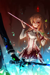 Rule 34 | 10s, 1girl, armor, asuna (sao), bad id, bad pixiv id, bare shoulders, blood, breastplate, brown hair, detached sleeves, elbow gloves, gameplay mechanics, gloves, highres, huazha01, kirito, long hair, red eyes, skirt, solo, sword, sword art online, thighhighs, tongue, weapon, white thighhighs