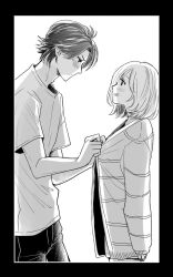 Rule 34 | 1boy, 1girl, blush, bob cut, couple, cowboy shot, from side, greyscale, grin, hands up, height difference, hetero, long sleeves, looking at another, looking down, minato (pixiv31986490), monochrome, niina junpei, profile, protagonist (tokimemo gs3), shirt, short hair, short sleeves, simple background, sleeves past wrists, smile, t-shirt, tokimeki memorial, tokimeki memorial girl&#039;s side 3rd story, undressing