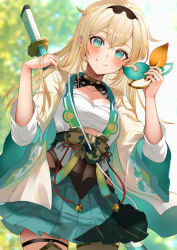 Rule 34 | 1girl, absurdres, alternate hairstyle, bad id, bad pixiv id, blonde hair, chest sarashi, covered navel, cowboy shot, crossed bangs, frq4 h, green eyes, green skirt, hair between eyes, hair ornament, hairband, hand in own hair, haori, highres, holding, holding hair ornament, hololive, japanese clothes, katana, kazama iroha, kimono, long hair, looking at viewer, pleated skirt, sarashi, skirt, smile, solo, sword, thigh strap, virtual youtuber, weapon, weapon on back, white kimono, wide sleeves