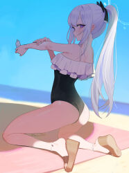 Rule 34 | 1girl, ass, beach, beijuu, black bow, black one-piece swimsuit, blue archive, blue sky, bottle, bow, day, full body, hair bow, halo, highres, holding, holding bottle, kneeling, long hair, looking at viewer, lotion bottle, miyako (blue archive), miyako (swimsuit) (blue archive), one-piece swimsuit, outdoors, parted lips, ponytail, purple eyes, sandals, sky, solo, swimsuit, white hair