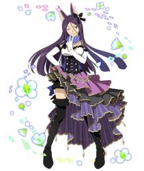 Rule 34 | 1girl, animal ears, boots, breasts, flower, gloves, hair ornament, log horizon, long hair, looking at viewer, nazuna (log horizon), one eye closed, purple hair, skirt, solo, standing, thigh boots, thighhighs, thighs, very long hair, white background