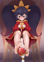 Rule 34 | 1girl, :&lt;, absurdres, aomoro, ashley (warioware), barefoot, big hair, black hair, blush, chair, closed mouth, collarbone, cum, dress, ejaculation, eyebrows, feet, female focus, food, full body, hair between eyes, hairband, highres, holding, holding food, hot dog, long hair, long sleeves, looking down, nintendo, no shoes, orange hairband, projectile cum, red dress, red eyes, sidelocks, sitting, solo, thighs, toes, twintails, wand, warioware