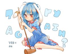 Rule 34 | 1girl, animal ears, bad id, bad twitter id, barefoot, blue dress, blue hair, blush, bruise, rabbit ears, rabbit tail, defeat, dress, earclip, frilled dress, frills, injury, kine, mallet, misha (hoongju), puffy short sleeves, puffy sleeves, red eyes, seiran (touhou), short sleeves, sitting, solo, tail, tearing up, tears, torn clothes, touhou, wariza, wavy mouth