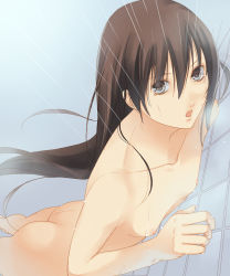 Rule 34 | 1boy, ass, bad id, bad pixiv id, barefoot, brown eyes, brown hair, flat chest, foreshortening, from above, fuuchouin kazuki, getbackers, highres, long hair, male focus, nipples, nude, papillon10, showering, solo, tears, trap, water
