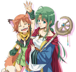 Rule 34 | 2girls, agahari, ahoge, animal ears, animal nose, arm warmers, beads, cape, circlet, claws, collarbone, commentary, dress, fur, green eyes, green hair, hair beads, hair ornament, highres, jewelry, light smile, multiple girls, necklace, open mouth, original, ponytail, shadow, smile, staff, tail