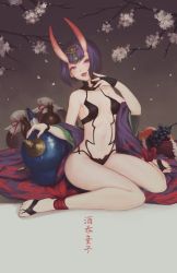 Rule 34 | 1girl, ankle ribbon, barefoot, barefoot sandals (jewelry), bottle, bowl, breasts, cherry blossoms, fate/grand order, fate (series), food, fruit, gourd, grapes, highres, horns, japanese clothes, kimono, leg ribbon, looking at viewer, navel, oni, open mouth, peach, petals, purple eyes, purple hair, ribbon, short hair, shuten douji (fate), shuten douji (first ascension) (fate), sitting, skin-covered horns, small breasts, smile, softmode, solo, wariza