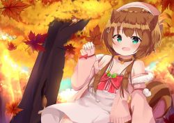 Rule 34 | 1girl, autumn, ayunda risu, ayunda risu (1st costume), bad id, bad pixiv id, blue eyes, blush, breasts, brown hair, cleavage, commentary request, hat, hololive, hololive indonesia, jacket, leaf, long hair, looking at viewer, low twintails, narucchii, open mouth, solo, tail, tree, twintails, virtual youtuber