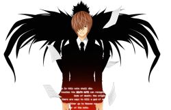 Rule 34 | 00s, 2boys, back-to-back, black neckwear, black suit, brown eyes, brown hair, collared shirt, cowboy shot, death note, dress shirt, formal, long sleeves, looking at viewer, male focus, multiple boys, necktie, paper, papers, ryuk, shadow, shinigami, shirt, short hair, silhouette, simple background, suit, white background, white shirt, wings, yagami light
