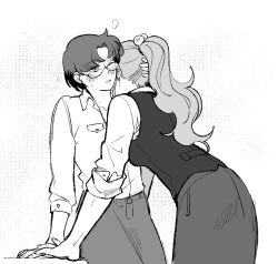 2girls bishoujo_senshi_sailor_moon blush collared_shirt earrings glasses greyscale hair_bobbles hair_ornament hand_on_another&#039;s_head heavy_breathing jewelry kino_makoto kiss kissing_neck long_hair long_sleeves mizuno_ami monochrome multiple_girls one_eye_closed pencil_skirt ponytail rimless_eyewear shirt short_hair skirt sleeves_rolled_up ticcy vest yuri